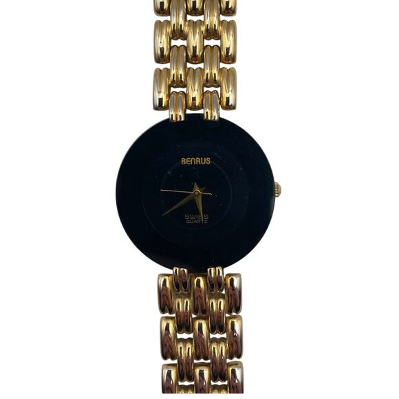 VTG Womens BENRUS Swiss Quartz Watch Black Gold New Battery Wrist 5" - Picture 1 of 5